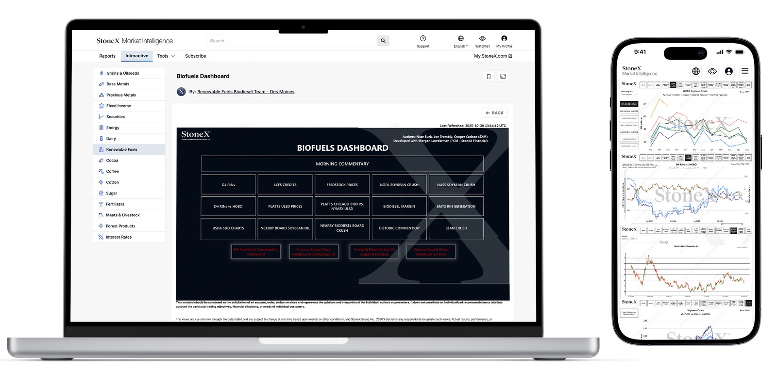 Open laptop and smartphone screens showing a biofuels dashboard with interactive charts, commodity categories, and data for detailed market insights and expert analysis.