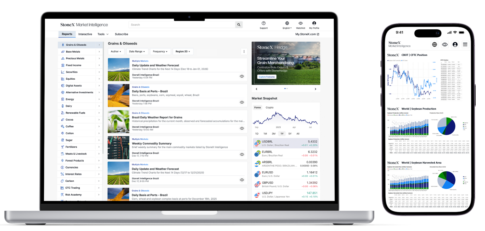 Laptop and smartphone screens displaying a financial platform with market snapshots, commodity reports, price charts, and data insights focused on commodities and currency trends for expert market analysis and research subscriptions.