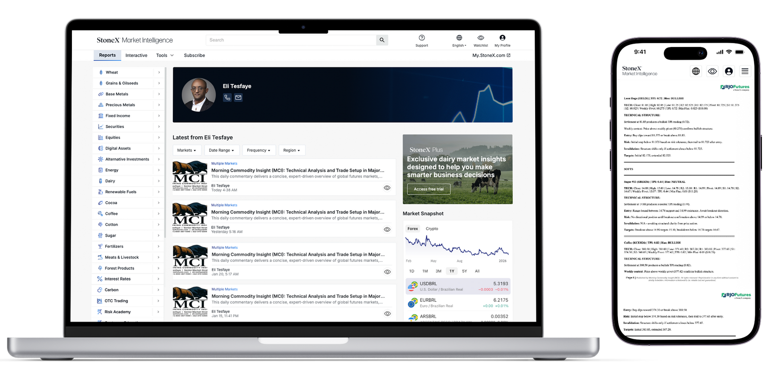 Laptop and smartphone side by side display a commodity market intelligence dashboard featuring market reports, price charts, and expert analysis for research and report subscriptions.