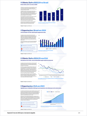 Algodão Premium - Relatórios de Mercado page displaying detailed charts and analysis of Brazil and U.S. cotton supply, exports, and production forecasts for 2024 and 2025. Market Reports Subscriptions. Expert insights and exclusive market analysis. - report example 2