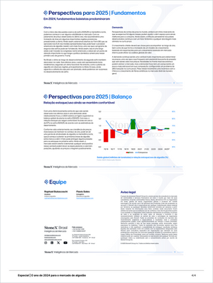 Algodão Premium - Relatórios de Mercado page presenting 2025 market outlook with supply and demand fundamentals, inventory balance analysis, expert team contacts, and legal disclaimer. Market Reports Subscriptions. Expert insights and exclusive market analysis. - report example 4