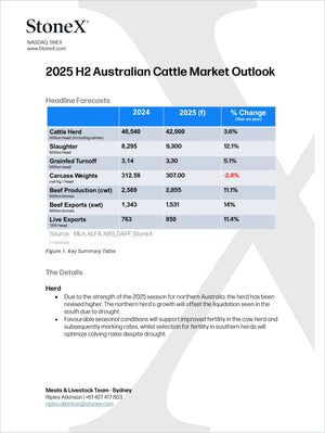 Australian Cattle & Beef - Market Reports Subscription featuring 2025 H2 Australian cattle market outlook with detailed forecasts on herd size, slaughter, grainfed turnoff, carcass weights, beef production, exports, and year-on-year percentage changes, delivering expert insights and exclusive market analysis by Market Reports Subscriptions. - report example 6