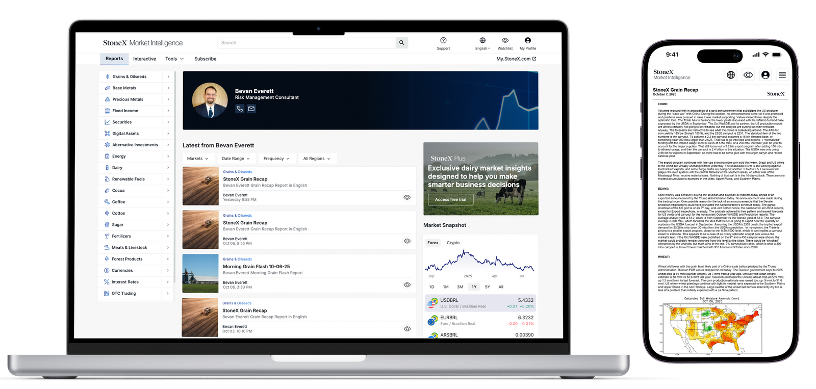 User interface of a market intelligence platform on a laptop and smartphone displaying expert analysis, commodity market updates, price trends, and regional data maps for Market Reports Subscriptions featuring expert insights and exclusive market analysis.