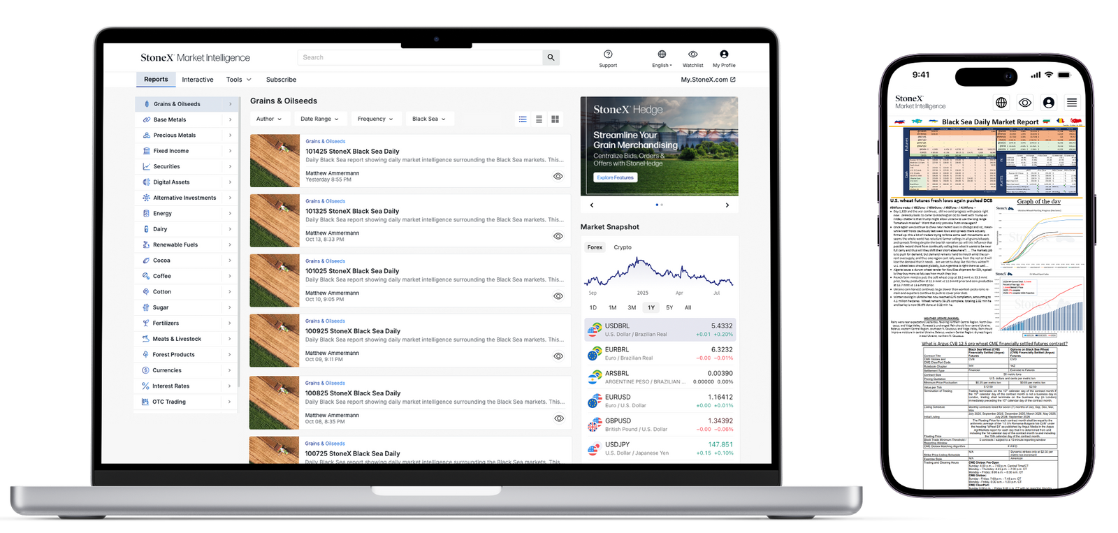 Dashboard interface on laptop and smartphone presenting detailed grain and commodity market updates including research reports, price trends, export data, and analytical charts for Market Reports Subscriptions with expert insights and exclusive market analysis.