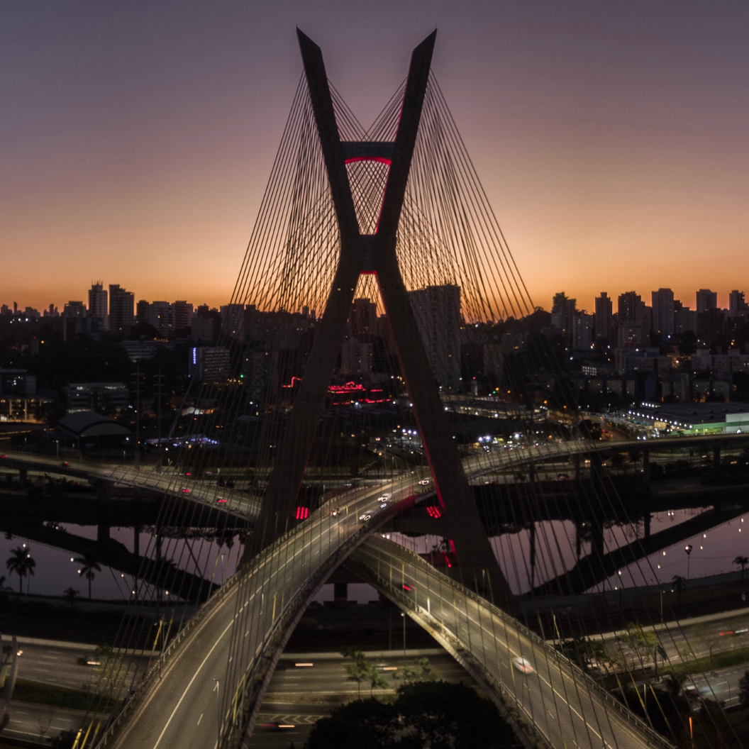 Aerial view of a large modern suspension bridge crossing a river with city skyline in the background at sunset, illustrating expert insights and exclusive market analysis in macroeconomic trends.