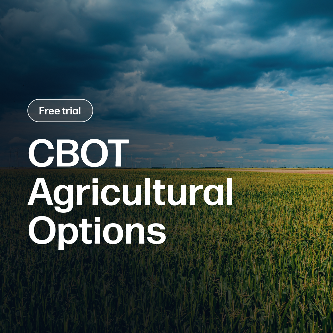 Image showing a vast agricultural field under a dramatic cloudy sky with text promoting a free trial for the CBOT Agricultural Options Report Subscription, offering twice-daily implied volatility and open interest market insights for agricultural traders.