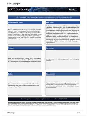 Energy Essential - Market Reports Subscription displaying a detailed educational glossary page for energy commodities including key market roles like managed money trader, swap dealer, producer, commercial, trader, and open interest. Market Reports Subscriptions. Expert insights and exclusive market analysis. - report example 4