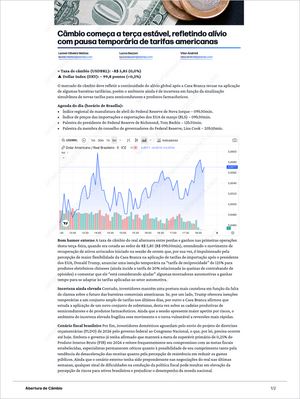 Câmbio Premium - Relatórios de Mercado page displaying detailed exchange rate trends between the US dollar and Brazilian real with annotated market insights, expert commentary, and analysis on tariffs impact. Market Reports Subscriptions. Expert insights and exclusive market analysis. - report example 1