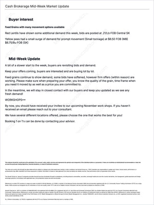 Cash Brokerage Canada - Market Reports Subscription featuring a mid-week market update with buyer interest in feed grains, commodity demand trends, price bids, and expert market insights. Market Reports Subscriptions provide expert insights and exclusive market analysis. - report example 2
