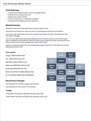 Grains Canada - Market Reports Subscription featuring a detailed weekly cash brokerage summary with commodity price updates, trade insights, and market perspectives from Market Reports Subscriptions. Expert insights and exclusive market analysis. - report example 3