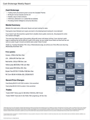 Cash Brokerage Canada - Market Reports Subscription featuring a detailed weekly market summary with commodity price updates, trade volumes, fundamental analysis, and expert insights. Market Reports Subscriptions offer exclusive market analysis and perspectives. - report example 1