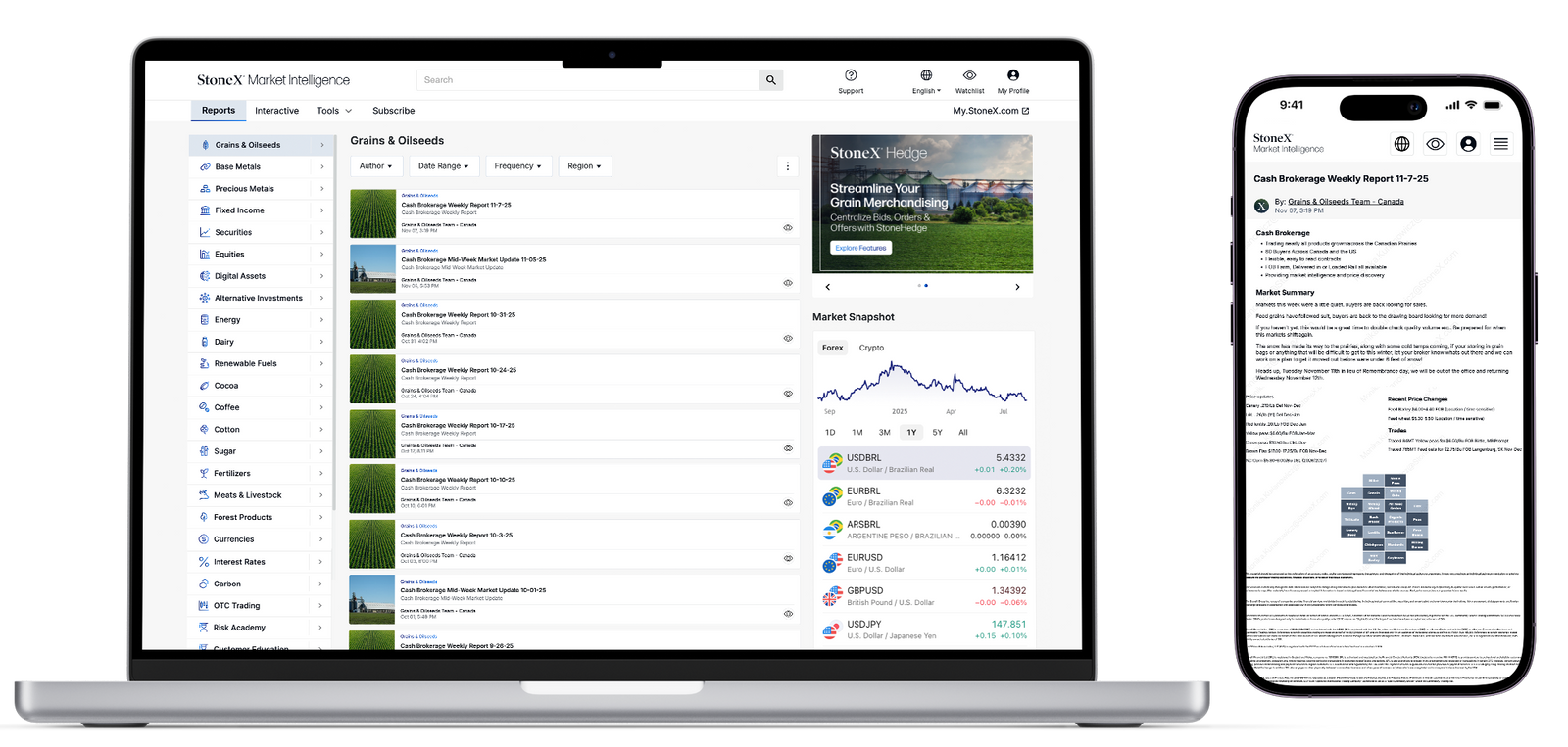 Laptop and smartphone displaying a Market Intelligence dashboard featuring grain report listings, market snapshot with price trends, and detailed commodity research articles for expert analysis.