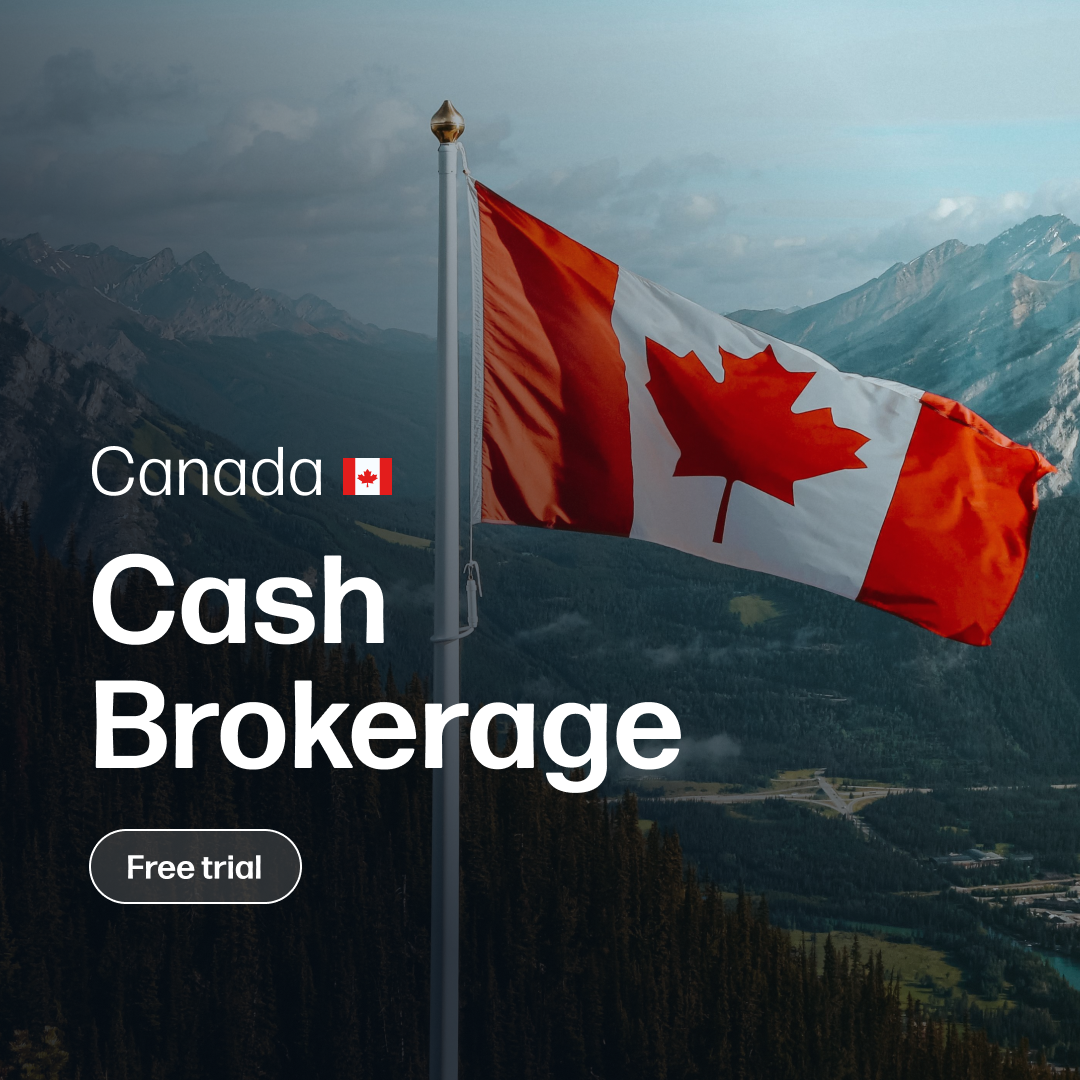 Canadian flag waving on a flagpole against a backdrop of mountain ranges under a partly cloudy sky, with overlaid text offering a free trial for cash brokerage services.
