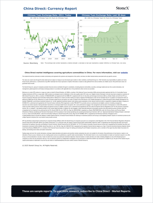 Grains China - Market Reports Subscription featuring detailed currency exchange rate charts for Chinese Yuan against USD and Euro from 2011 to present, with expert insights and exclusive market analysis for Market Reports Subscriptions. - report example 32