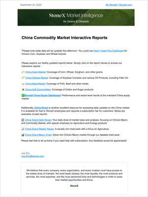 Grains China - Market Reports Subscription showcasing an interactive report interface with detailed commodity market analysis, expert insights, and exclusive pricing trends. - report example 1