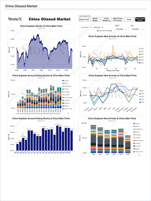 Grains China - Market Reports Subscription displaying comprehensive China oilseed market data including soybean stock levels, new arrival trends, port analysis, and expert insights for Market Reports Subscriptions offering exclusive market analysis and price forecasting. - report example 12