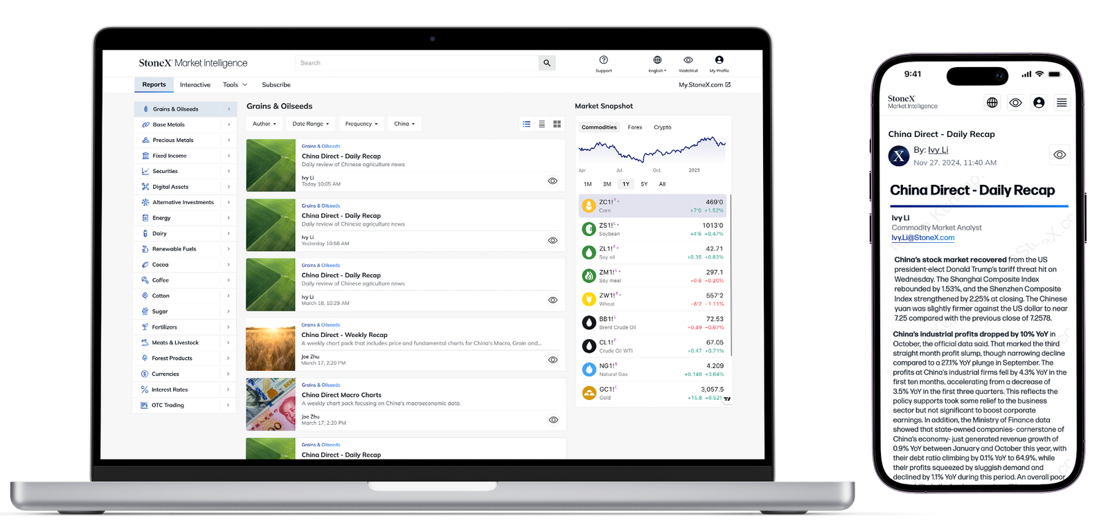 Laptop and smartphone showing a Market Intelligence interface featuring China Direct market reports, daily recaps, price trends, expert commentary, and research summaries for comprehensive analysis.