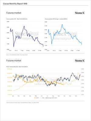 Cocoa Premium - Market Reports Subscription featuring detailed futures market charts with price trends in New York and London, highlighting seasonality and expert commodity analysis. Market Reports Subscriptions. Expert insights and exclusive market analysis. - report example 5
