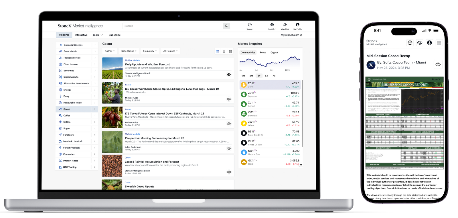 Open laptop and smartphone displaying a market research dashboard featuring commodity bulletins, price trends, forecasts, and expert analysis focused on cocoa market insights and report subscriptions.