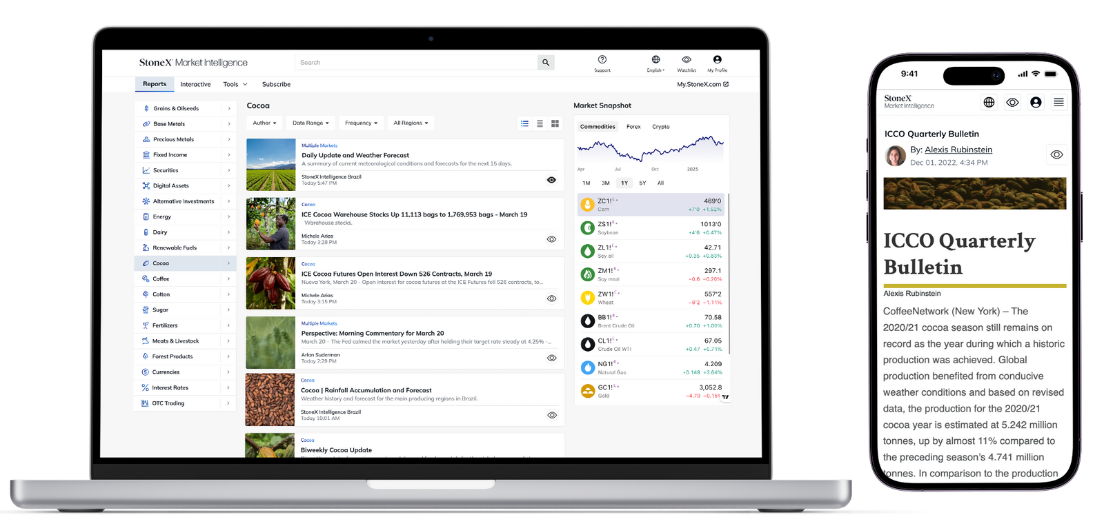 Laptop and smartphone displaying a market intelligence dashboard with commodity reports, price trends, weather forecasts, and expert commentary focused on coffee and related agricultural markets.