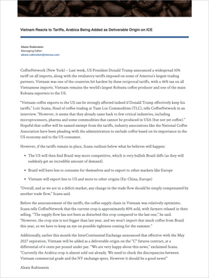 Page from Coffee Essential - Market Reports (Exclusive Offer 20% OFF) featuring in-depth analysis on Vietnam’s reaction to US tariffs, Arabica and Robusta coffee market impacts, supply chain trends, and expert insights in Market Reports Subscriptions with exclusive market analysis. - report example 1
