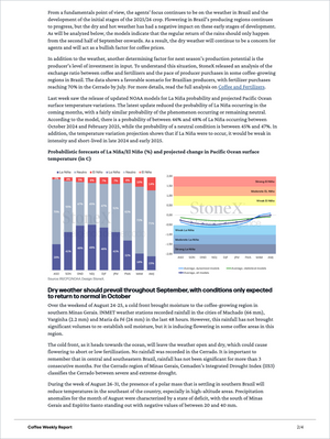 Page from Coffee Essential - Market Reports (Exclusive Offer 20% OFF) presenting detailed analysis on weather impacts in Brazil’s coffee regions, fertilization trends, La Niña forecasts, and market intelligence for coffee price forecasting with Market Reports Subscriptions offering expert insights and exclusive market analysis. - report example 4