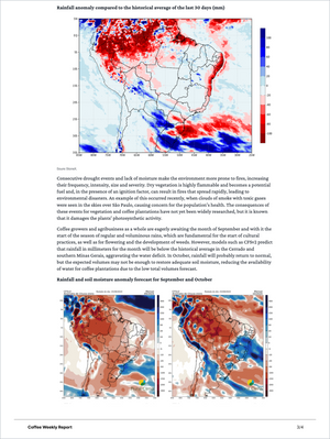 Map showing rainfall anomalies in South America highlighting dry and wet regions, with detailed analysis of fire risks and vegetation impacts in Brazilian coffee areas, included in Coffee Pro - Market Reports (Exclusive Offer 20% OFF) offering Market Reports Subscriptions with expert insights and exclusive market analysis. - report example 23