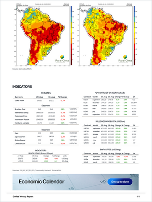 Two side-by-side weather forecast maps depicting rainfall probability across South America with emphasis on precipitation patterns affecting coffee-growing zones, accompanied by currency exchange rates, coffee contract price changes, and market indicators featured in Coffee Pro - Market Reports (Exclusive Offer 20% OFF) offering Market Reports Subscriptions with expert insights and exclusive market analysis. - report example 24