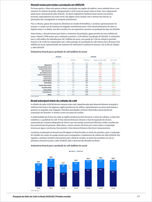 Summary report page detailing coffee production forecasts for 2025/26 in Brazil, including regional yield estimates, climatic impact analysis, and projected trends with data charts featured in Coffee Pro - Market Reports (Exclusive Offer 20% OFF) delivering Market Reports Subscriptions with expert insights and exclusive market analysis. - report example 17