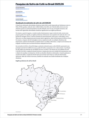 Document in Portuguese detailing the 2025/26 coffee harvest forecast in Brazil, including climate impact analysis and regional production estimates, with data visualization and market insights in Coffee Pro - Market Reports (Exclusive Offer 20% OFF) featuring Market Reports Subscriptions providing expert insights and exclusive market analysis. - report example 11