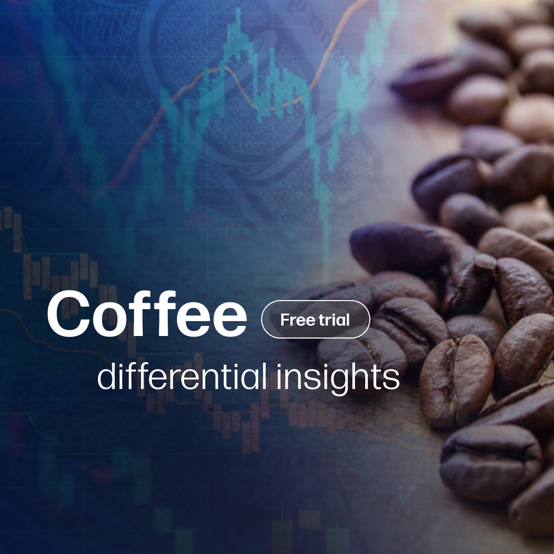 Close-up of roasted coffee beans with overlaid financial charts and graphs, illustrating market data and price trends for Coffee Differential Insights - Market Reports.