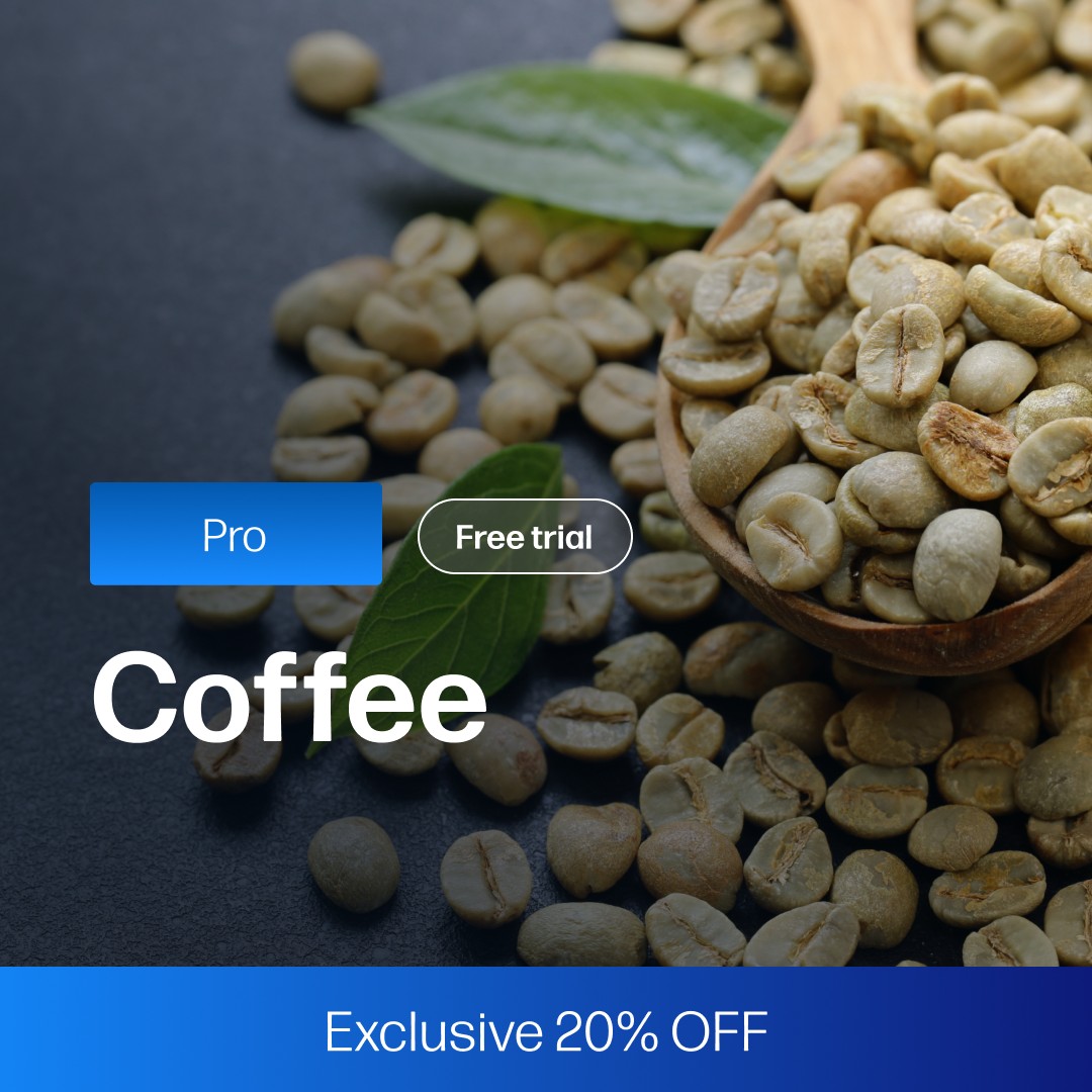 Close-up of unroasted green coffee beans spilling from a wooden scoop with fresh green leaves, illustrating market insights and trade flow data for the Coffee Market Reports Subscription | Pro (20% OFF).