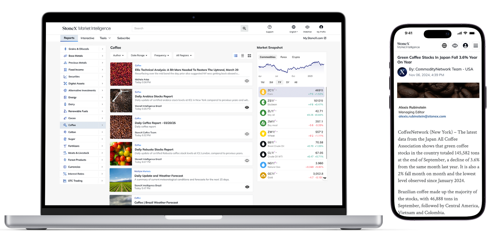 Open laptop and smartphone showing market intelligence interface with commodity reports, charts, and expert market insights focused on coffee trends and price forecasting.