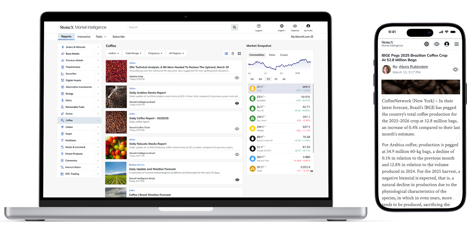 Open laptop and smartphone displaying a detailed market intelligence dashboard with coffee commodity reports, price trends, weather forecasts, and expert analysis for timely market insights.