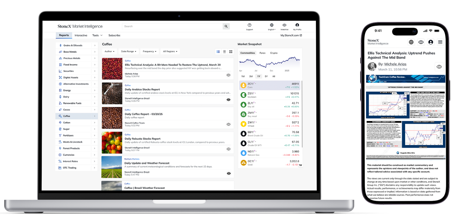 Silver laptop and smartphone showing StoneX Market Intelligence interface with commodity reports, price trends, expert bulletins, market snapshots, and research summaries for coffee insights and analysis.