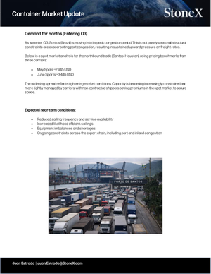 Container Market Update - Report Subscription page showing congestion at Santos port with trucks lined up among shipping containers, highlighting market trends and expert insights in Market Reports Subscriptions for effective freight demand analysis. - report example 5
