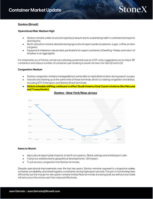 Container Market Update - Report Subscription page focusing on medium to high operational risks and medium congestion in Santos, Brazil port, with market insights on export pressures, terminal delays, and a cost trend graph for South America East Coast rotations, illustrating expert analysis and exclusive perspectives in Market Reports Subscriptions. - report example 6