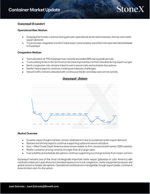 Container Market Update - Report Subscription cover page showing operational and congestion risks in Guayaquil port with a line graph and detailed market overview, highlighting expert insights and exclusive market analysis for Market Reports Subscriptions. - report example 1