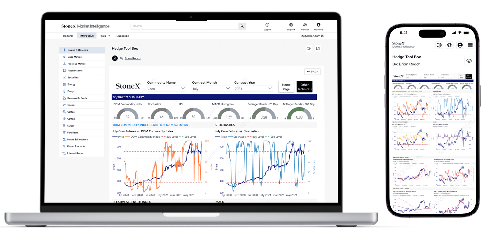Dashboard view of StoneX Market Intelligence platform displaying commodity price charts, contract details, and technical indicators on laptop and smartphone screens, highlighting expert market insights and analysis.
