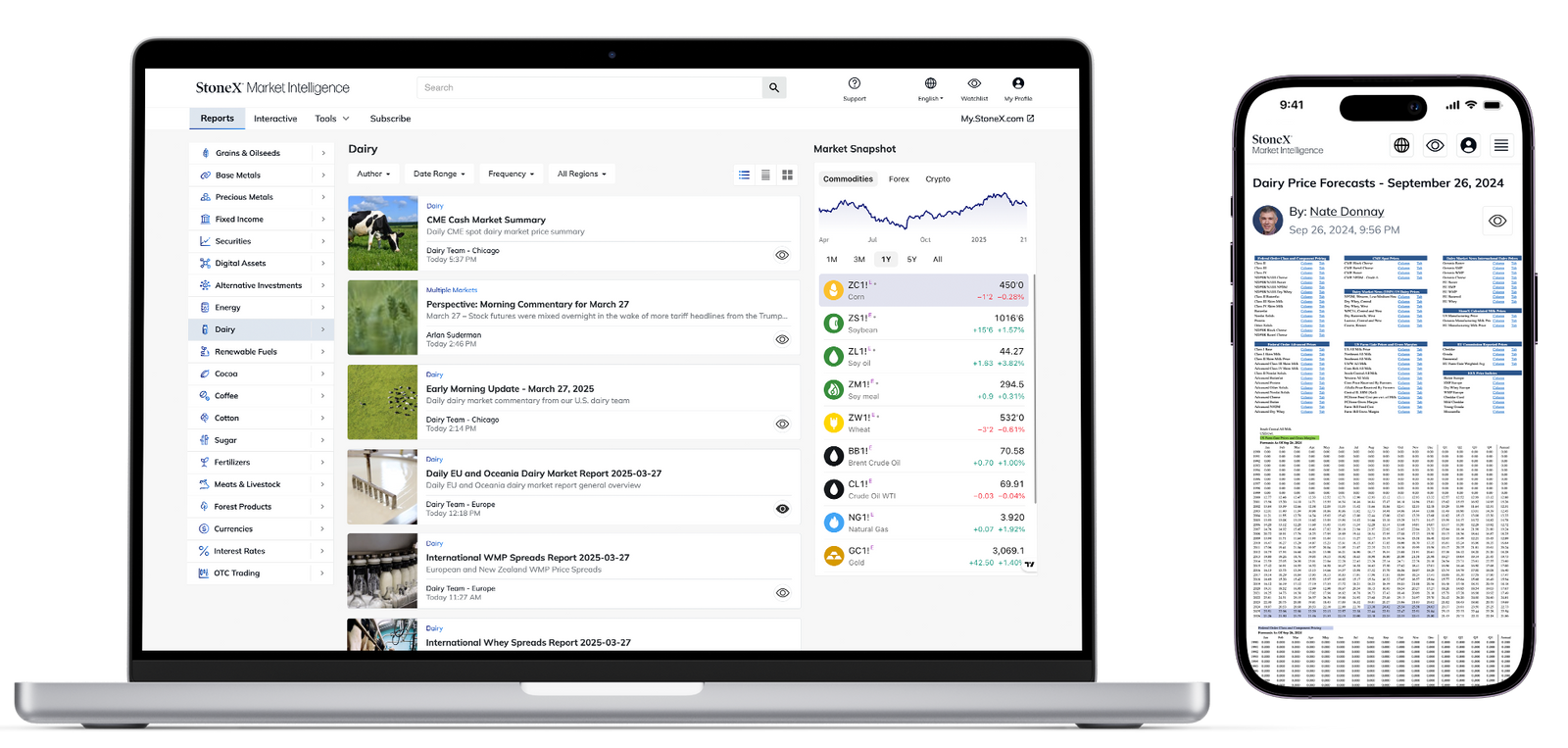 Open laptop and smartphone displaying StoneX Market Intelligence interface with dairy market bulletins, price trends, expert perspectives, and detailed dairy price forecasts for Market Reports Subscriptions.