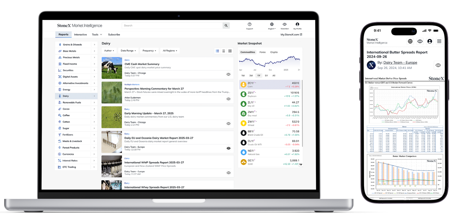 Open laptop and smartphone displaying a Market Intelligence platform with dairy market bulletins, price trends, expert perspectives, and detailed spreads reports for Market Reports Subscriptions.