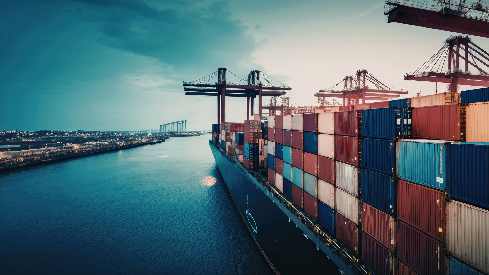 A cargo vessel loaded with multicolored shipping containers docked at a port with large cranes positioned for loading and unloading, highlighting global trade infrastructure for Market Reports Subscriptions with expert insights and exclusive market analysis.