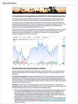 Page from Combustibles Premium - Brasil featuring an analysis of Brent crude oil market with price charts, geopolitical impacts on supply disruptions, and commentary on US-Iran tensions, including Market Reports Subscriptions with expert insights and exclusive market analysis. - report example 9