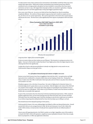 Page from Farmer Fertilizer Focus - Market Reports Subscription featuring detailed bar chart analysis of China’s cumulative DAP MAP exports in 2025 with expert insights on phosphate demand, market trends, and global price impacts, delivering Market Reports Subscriptions with expert insights and exclusive market analysis. - report example 9
