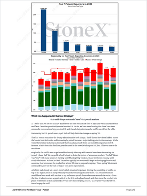 Page from the Farmer Fertilizer Focus - Market Reports Subscription featuring detailed bar and stacked charts on global potash export volumes and seasonal trends of major exporting countries in 2023, including expert insights on market developments, U.S. tariff impacts, and supply dynamics. Expert insights and exclusive market analysis for Farmer Fertilizer Focus - Market Reports Subscription. - report example 3