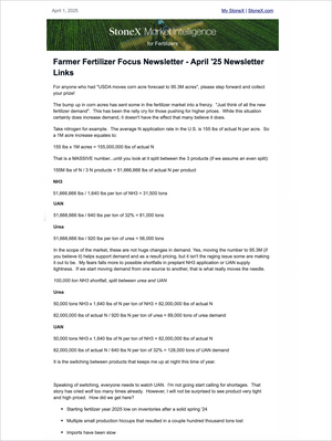 Page from the Farmer Fertilizer Focus - Market Reports Subscription showcasing detailed nitrogen fertilizer demand calculations, product supply shifts, and market dynamics with expert insights and exclusive market analysis supporting Market Reports Subscription. - report example 4