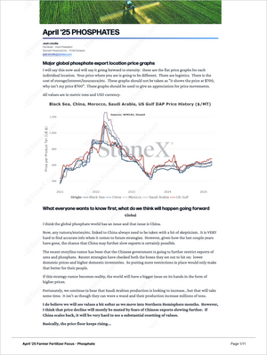 Page from the Farmer Fertilizer Focus - Market Reports Subscription showing global phosphate export price trends with detailed line graphs, expert outlook on market movements, and forecast insights featuring Market Reports Subscription, expert insights, and exclusive market analysis. - report example 6