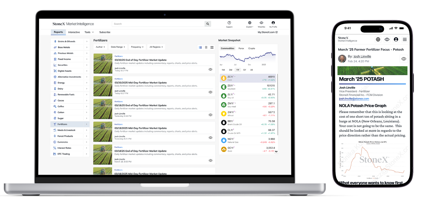 Laptop and smartphone displaying StoneX Market Intelligence interface with market reports, price graphs, and commodity updates focused on fertilizer and potash market insights.