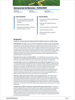 Fertilizantes Premium - Relatórios de Mercado presenting a detailed weekly fertilizer market update with expert commentary on supply-demand trends, price movements, and international trade factors. Market Reports Subscriptions. Expert insights and exclusive market analysis. - report example 1