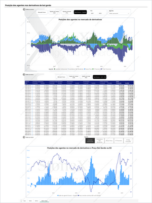Pecuária Premium - Relatórios de Mercado showing agent positions in the live cattle derivatives market with detailed charts and data tables, including trends and price correlations. Market Reports Subscriptions. Expert insights and exclusive market analysis. - report example 5